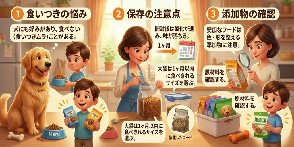 キッチンで、少年が犬にドッグフードをあげる。女性は食品保存や添加物の確認を指導。背景にカレンダーと緑の植物。