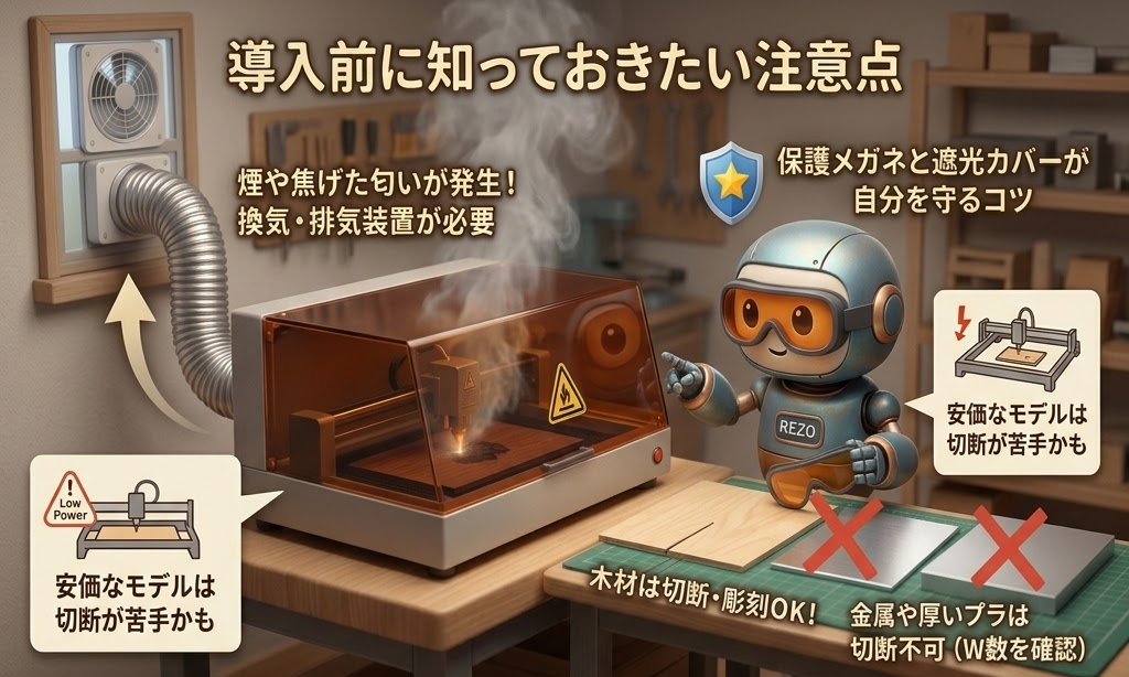 レーザー彫刻機とロボットが作業台にいる。煙排気装置が必要と示し、ロボットは保護メガネをかけている。背景に工具棚。
