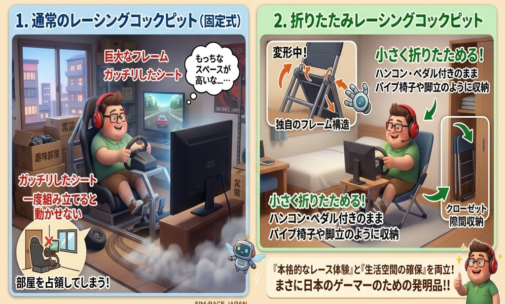 部屋の中でレーシングコックピットを使用する男性。左は通常の大きさで場所を取るが、右は折りたたみ式でコンパクト収納が可能。