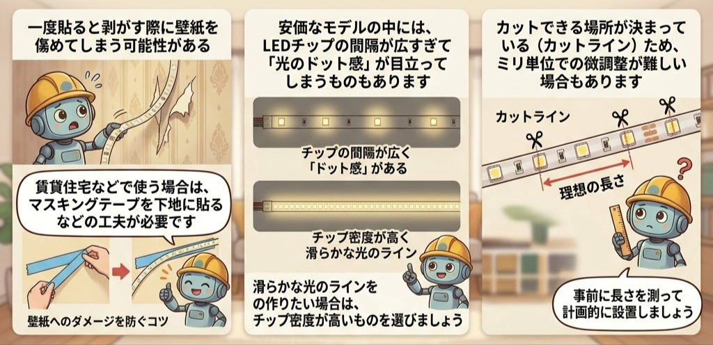 ヘルメットをかぶったキャラクターが3つの場面で壁紙とLEDライトの取り扱い説明。背景に薄いパターンの壁紙と家具。テキストが各場面に詳細を記載。