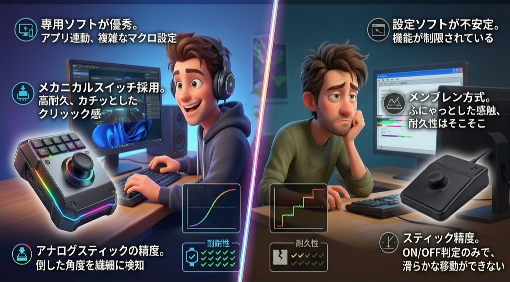 若者がデスクで2つの異なるコントローラーを使用。左の彼は喜び、右の彼は不満。テキストは各コントローラーの性能を比較。