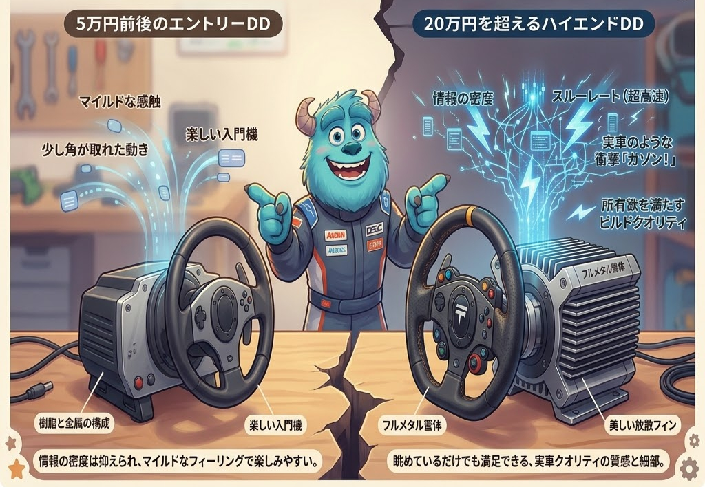 青いキャラクターが2つのステアリングホイールを比較。左は手頃なモデルで右は高級モデル。背景は作業室風で、効果を強調した光が表示されている。