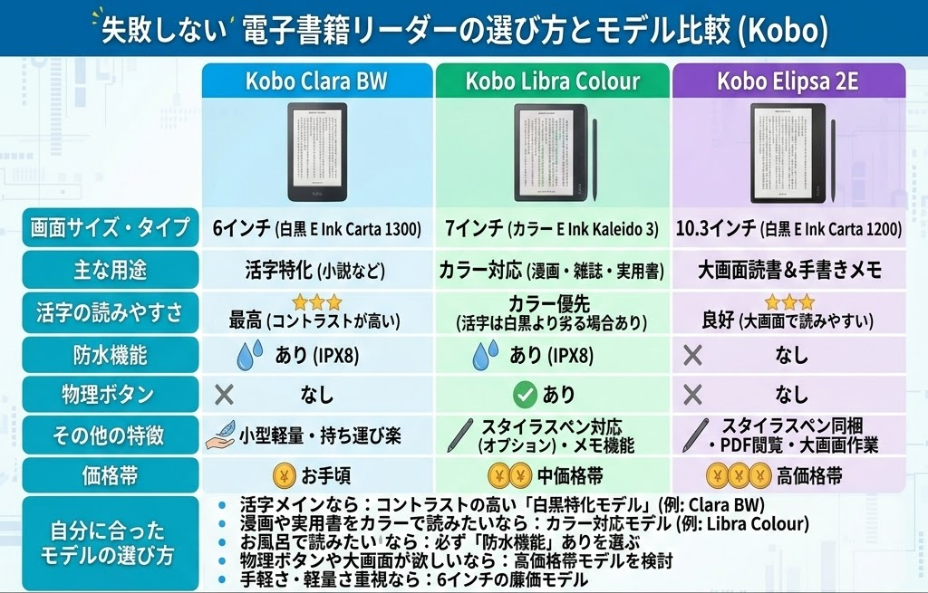 Kobo Libra Colour のモデル比較表