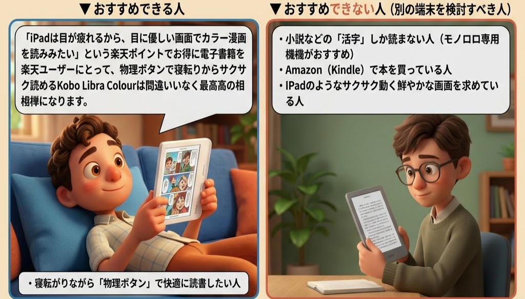 ソファで漫画を読む少年と、机で電子書籍を読む眼鏡の青年。左は明るい背景、右は落ち着いた室内。上に推薦理由のテキスト。