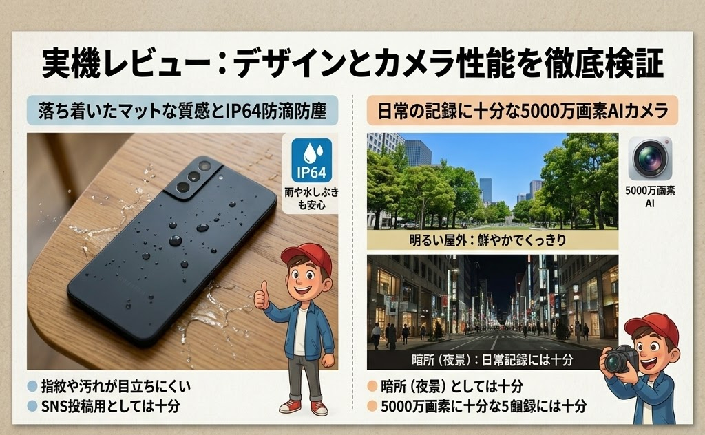 実機レビュー画像。防滴仕様スマートフォン上に水滴。5000万画素AIカメラの風景と夜間画像。キャラクターがカメラを持つ。