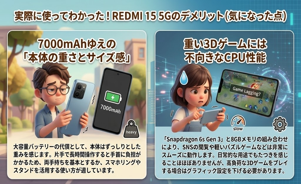 実際に使ってわかったREDMI 15 5Gのデメリットを紹介。男の子が大きなスマホを持ち、重いと感じる様子。女の子はゲームで遅延を感じている。テキストあり。