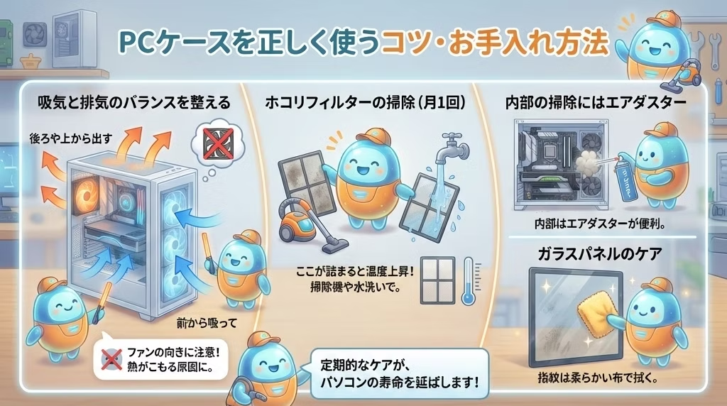 PCケースのお手入れ方法を説明するイラスト。青いキャラクターがフィルター清掃やエアダスターの使用、ガラスパネルのケアを指導。