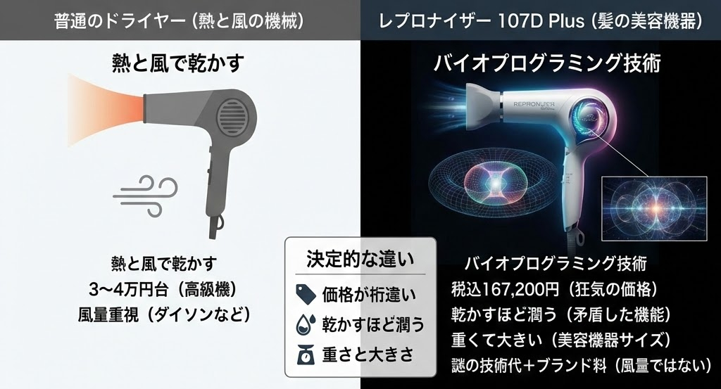 普通のドライヤーと高級ドライヤーを比較。左は熱と風、右はバイオプログラミング技術。価格や機能が強調されている。