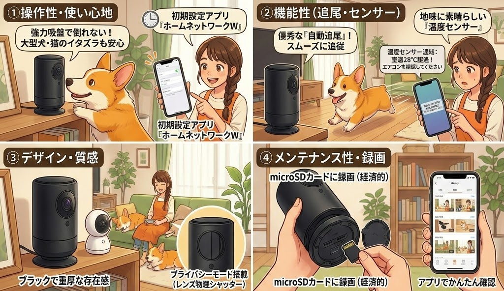 女性とコーギー、スマホアプリを使う場面。黒いカメラと白いカメラ、リビングにて。テキストは使い心地や機能性を強調。