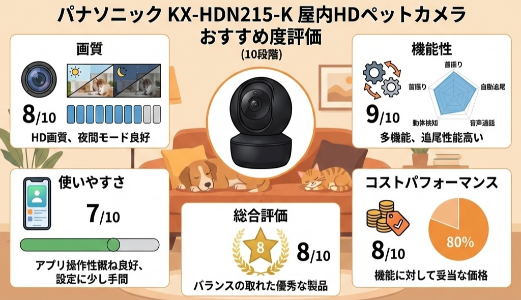 パナソニックの屋内HDペットカメラ評価。画質8/10、機能性9/10、使いやすさ7/10、コストパフォーマンス8/10。ソファで犬と猫がくつろぐ画像。
