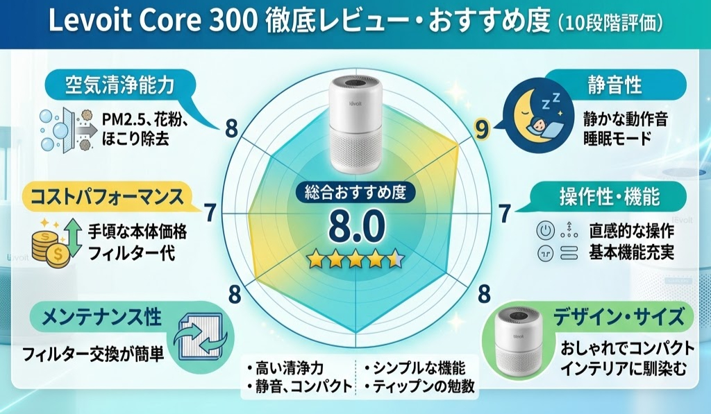 Levoit Core 300のレビュー画像。空気清浄能力、コストパフォーマンス、静音性などの項目別評価。総合おすすめ度8.0。円グラフとイラスト付き。