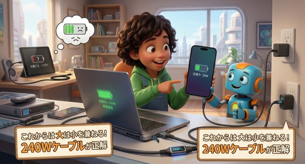 少年がロボットとともにスマホを指し示し、充電中を示す。背景にノートPCや部屋。テキストは「240Wケーブルが正解」。