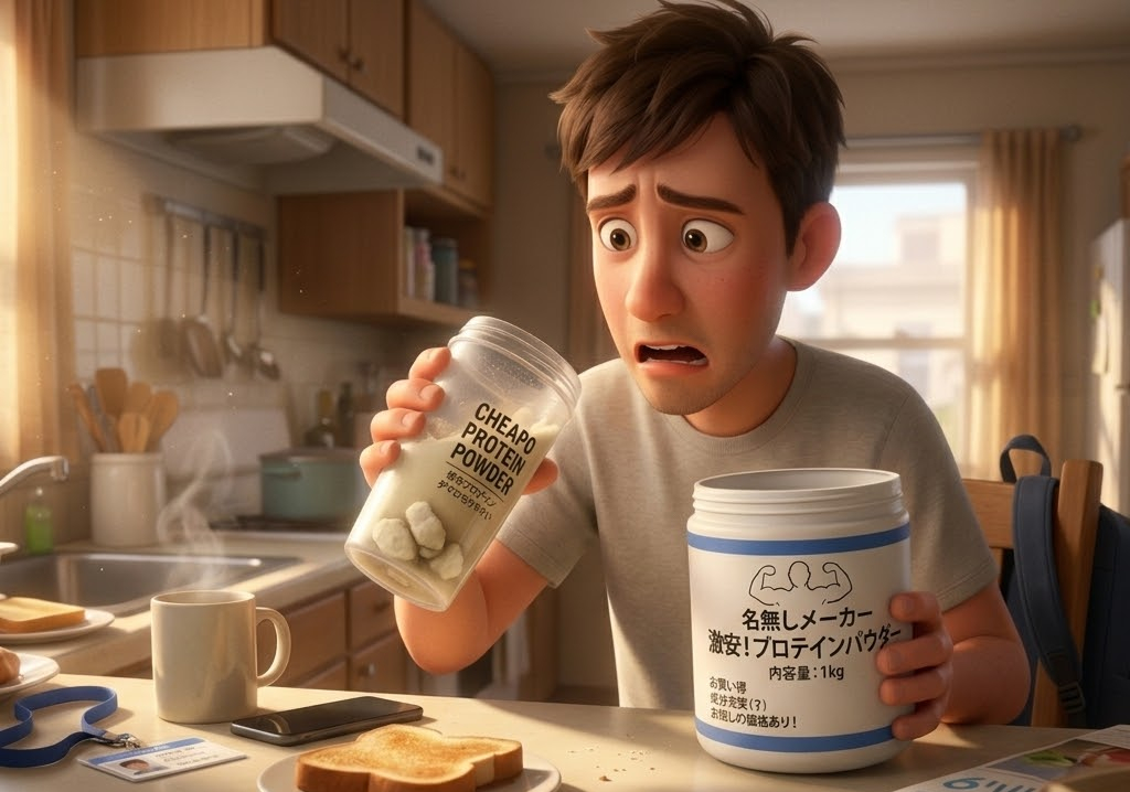 男性がキッチンでプロテインパウダーの容器を見て困惑している。容器には「CHEAPO PROTEIN POWDER」と書かれている。