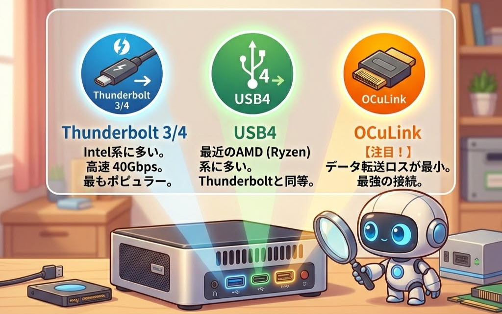小型デバイスとループを持つロボット。Thunderbolt 3/4、USB4、OCuLinkの接続ポートが説明付きで表示。背景は明るい部屋。