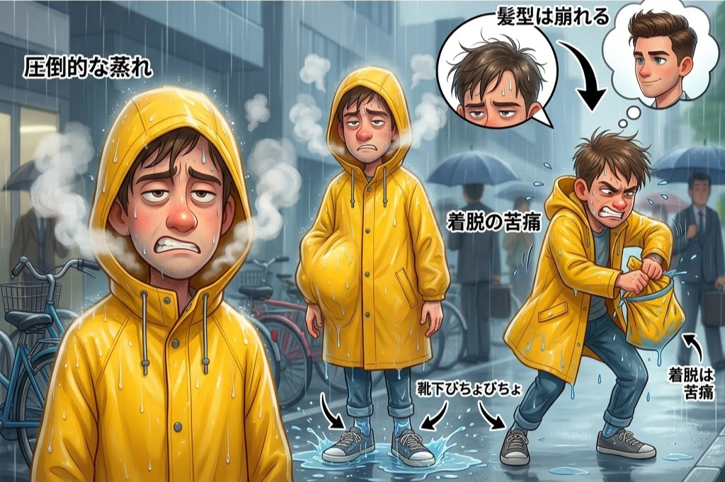 雨の中、黄色いレインコートを着た男性が不満顔。髪型が崩れ、「圧倒的な蒸れ」などの文字。背景に傘をさす人々。
