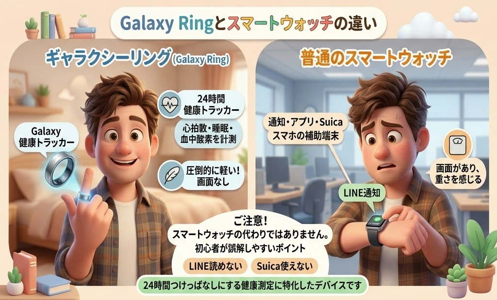 ギャラクシーリングとスマートウォッチの違いを示す画像。左は笑顔でリングを指につけた男性、右は心配そうにスマートウォッチを見ている。