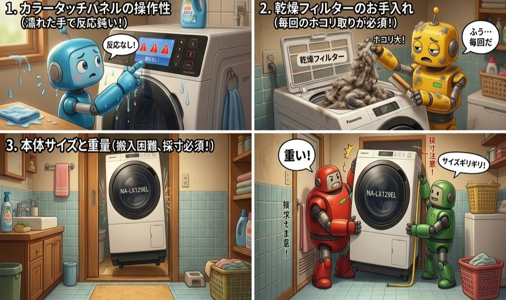 青色、黄色、赤色、緑色のロボットが洗濯機で問題に対応中。カラーパネル、フィルター清掃、搬入の困難さに苦戦。テキストあり。