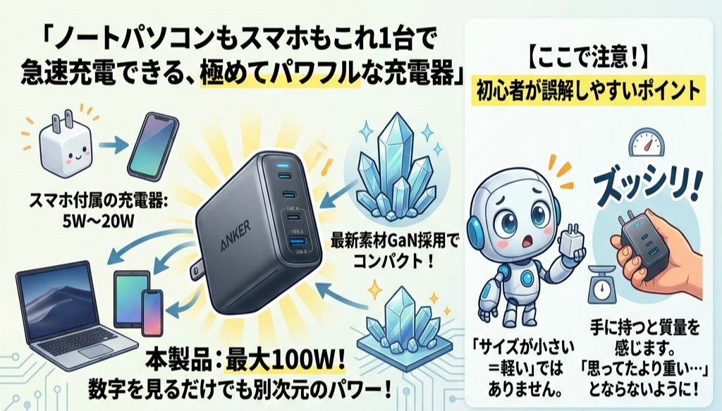 スマホやノートPCを急速充電できる充電器の説明イラスト。左に充電器、右にかわいいロボットと重さを測る手の図。注目するよう指示。