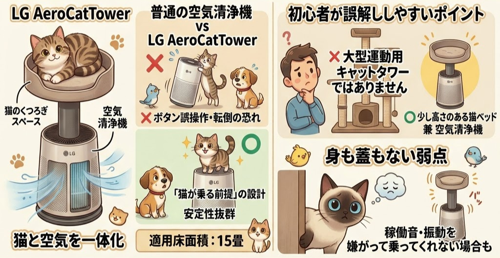 LGのAeroCatTowerの広告。猫がタワーに座り、空気清浄機と一体化。少年が猫タワーと空気清浄機を比較中。テキスト多数。