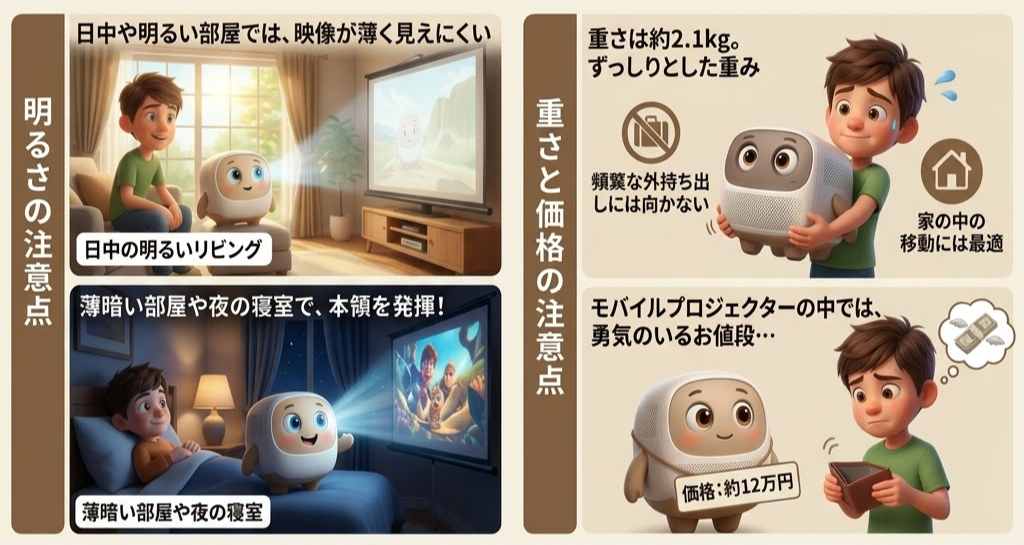 明るいリビングと寝室で男の子とプロジェクターが映像を楽しむ。プロジェクターは2.1kgで約12万円。背景に窓とカーテン。