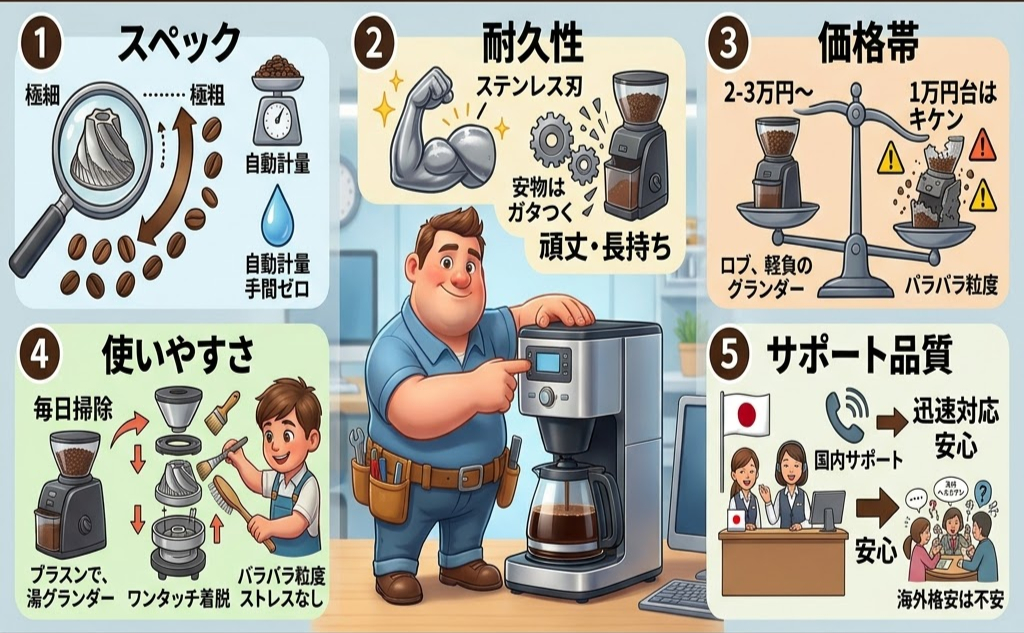 コーヒーグラインダーの広告。1.微調整可能、2.耐久性、3.価格帯、4.使いやすさ、5.サポート品質。男性が笑顔でコーヒーマシンを操作。