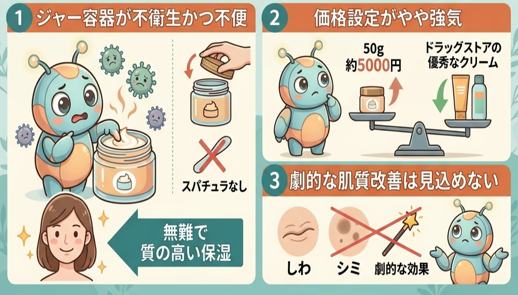 ジャーからクリームを指で取るキャラクター、隣にスパチュラ無しの注意。肌の保湿効果や高価格の比較が示されている。