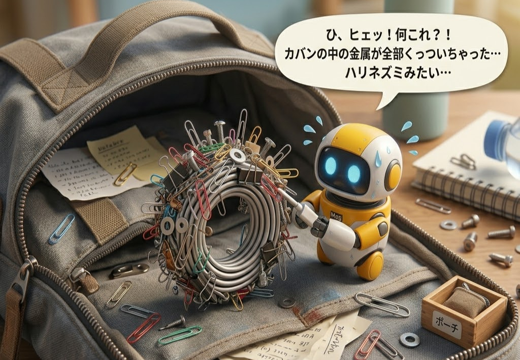 青い目のロボットがハリネズミのようにクリップだらけになったコイルを指差し、驚いている。背景にカバンとペットボトル。