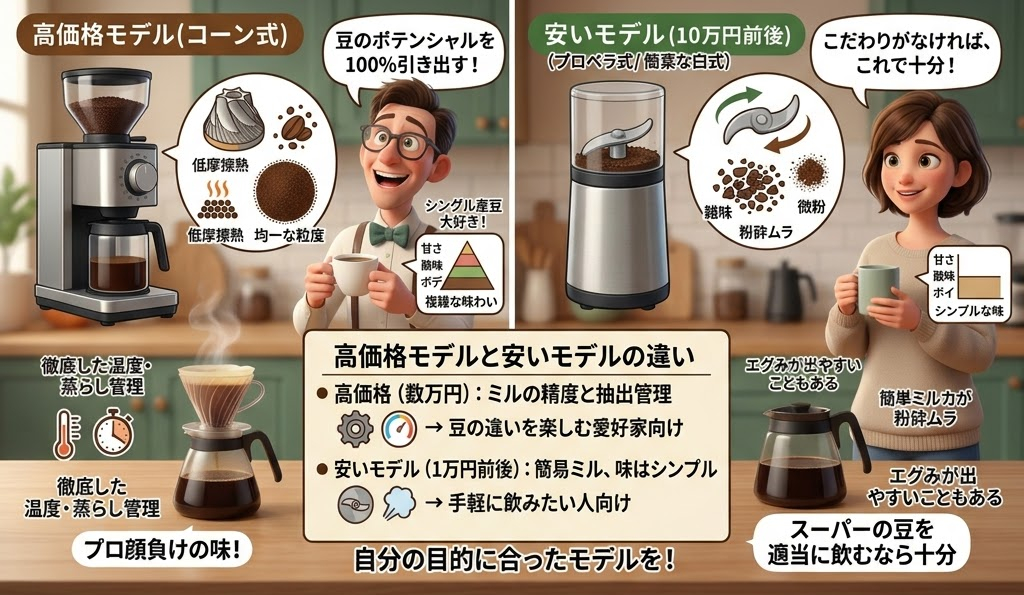 男性と女性が2種類のコーヒーミルを使い比較。左は高級モデル、右は安価モデル。背景はキッチン。テンションや抽出方法の説明文がある。