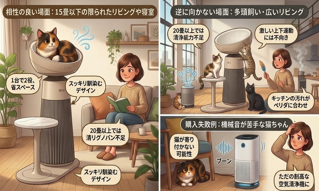 リビングにいる女性と数匹の猫。空気清浄機の上で猫がくつろいでいる。彼女は本を読み微笑んでいる。テキスト多数。