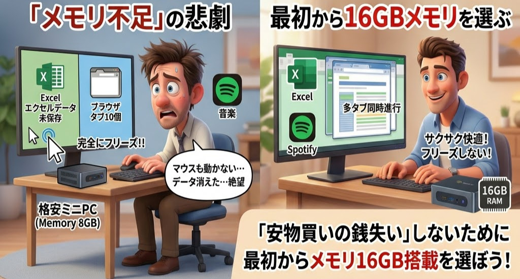 画面左はPCがフリーズして困惑する男性、右は快適に操作する男性。背景にデスクとモニター。テキストはメモリ不足を強調。