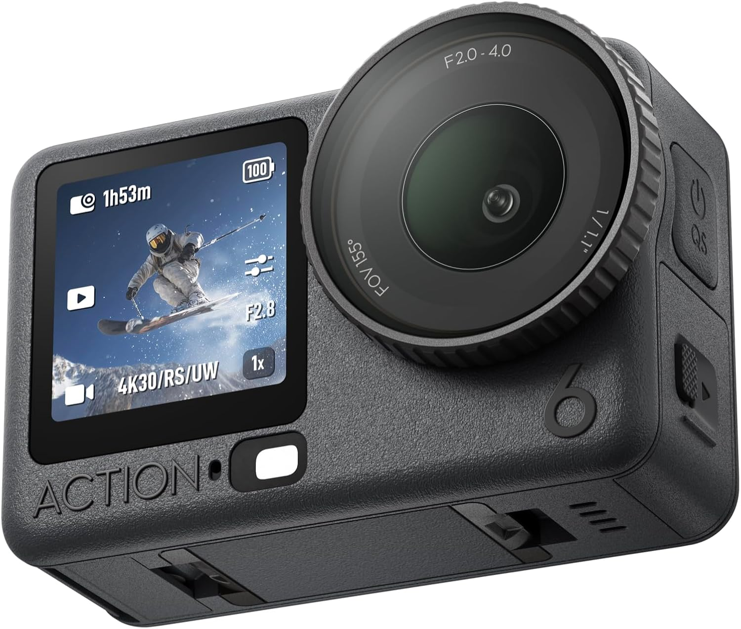 アクションカメラの画面にスノーボーダーの映像。設定は4K30/RS/UW、F2.8。カメラ全体は黒で力強いデザイン。