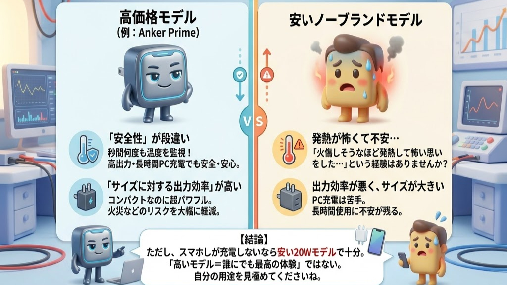 高価モデルと安いノーブランドモデルを比較するイラスト。左側は安全性が強調され、右側は発熱で不安な様子。背景にグラフ。