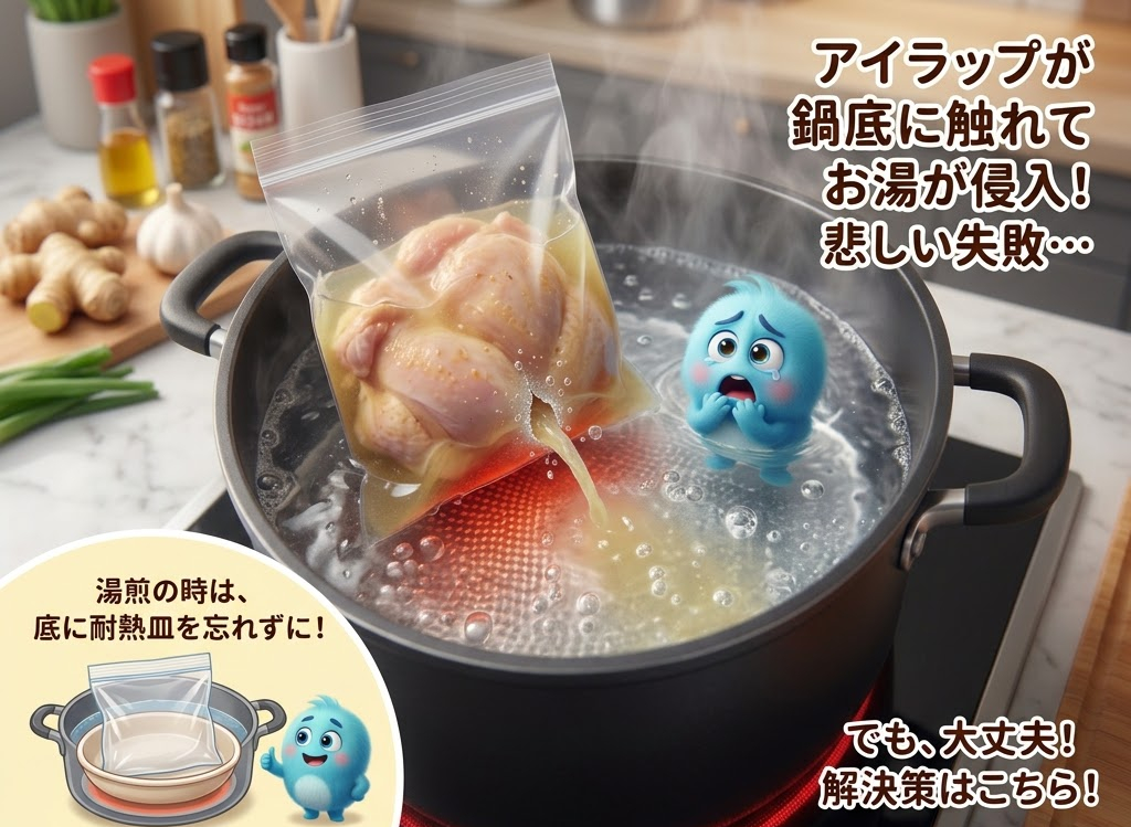 鍋で沸騰するお湯にジップバッグの鶏肉と青いキャラクターが悲しむ姿。テキストは失敗と解決策について説明している。