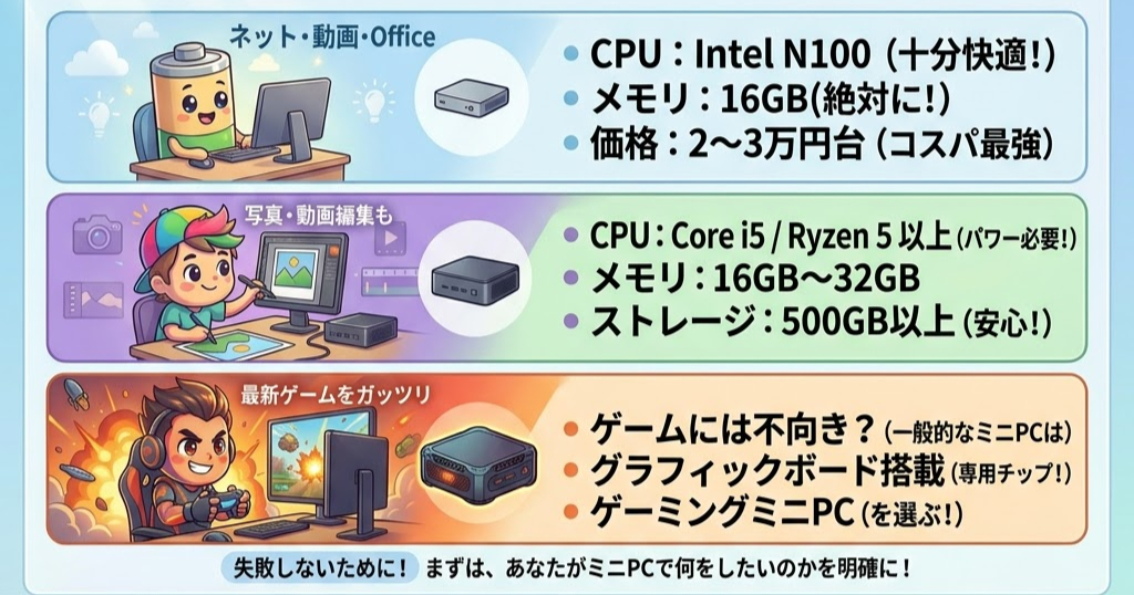 ネット・動画・Office用のPC、写真編集PC、ゲーム用PCの特徴を説明するイラスト。各CPU、メモリ、価格などを記載。楽しそうなキャラクターが登場。