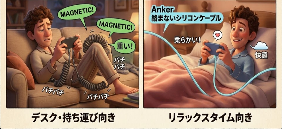 ソファに座る男性が絡まったケーブルに苦戦。隣の画像ではベッドでリラックスしながらAnkerの柔らかいケーブルを使用。