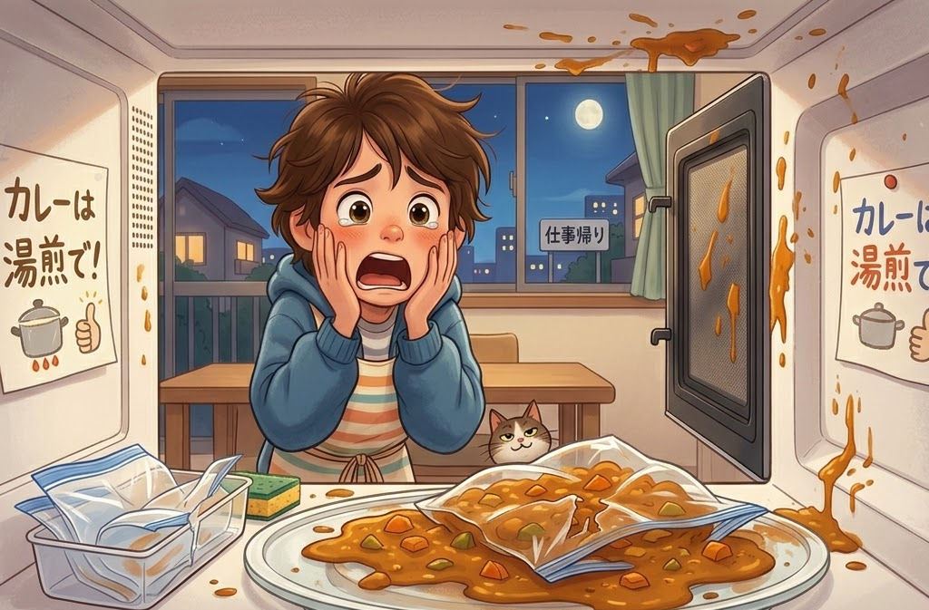 男の子が驚いてカレーをレンジで温め、噴き出したカレーが溢れる。後ろに猫と夜の窓。壁には「カレーは湯煎で!」の文字。