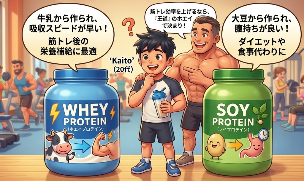 若者と筋肉質の男性がジムでプロテインの説明、青のホエイプロテインと緑のソイプロテインのイラスト。背景はトレーニング中の人々。