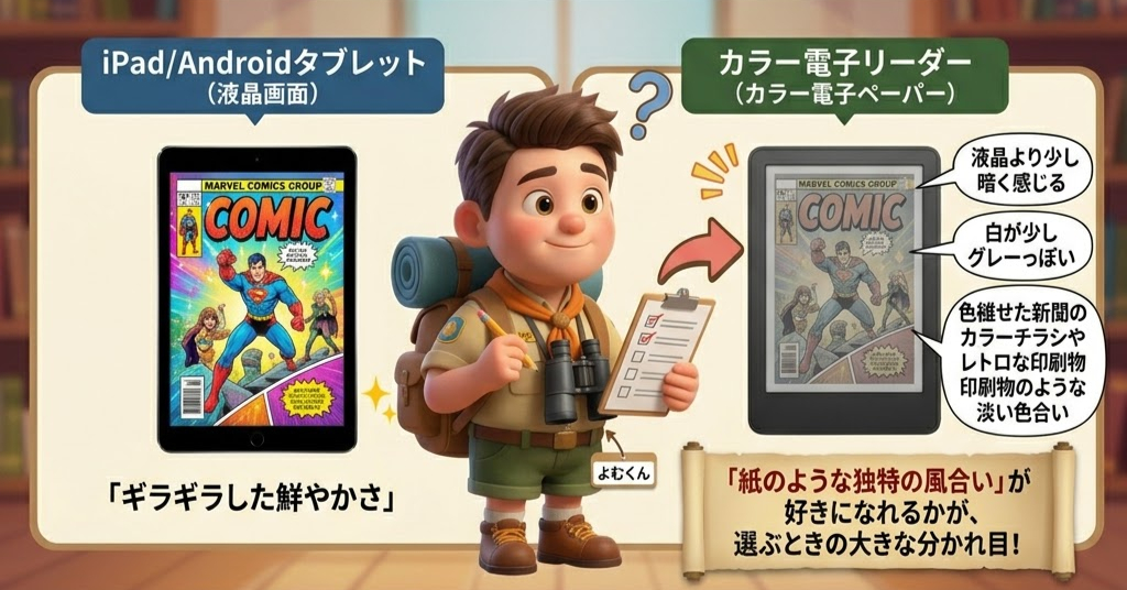 図書館でバックパックを背負った子供がクリップボードを持ち、iPadとカラー電子リーダーのコミック表示を比較中。「紙のような独特の風合い」がポイント。