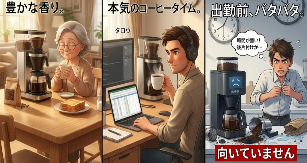 高齢女性がコーヒーを楽しむ優雅な朝、男性が仕事中に集中してコーヒーを飲む姿、別の男性が出勤前に慌てる様子。各場面でのコーヒーメーカーと関連アイテムが描かれる。背景に時計やテーブルがあり、落ち着いた色調。