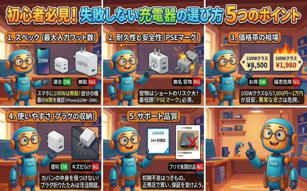 初心者向けに充電器の選び方5つのポイントを説明するロボットキャラ。スペック、耐久性、価格、使いやすさ、サポート品質を図解で紹介。
