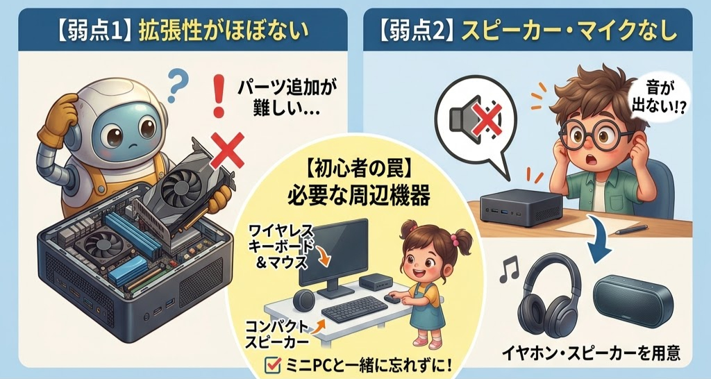 ロボットがパソコンの拡張性に困惑し、男の子がスピーカーなしPCに驚く。必要な周辺機器を示すイラストとテキスト。