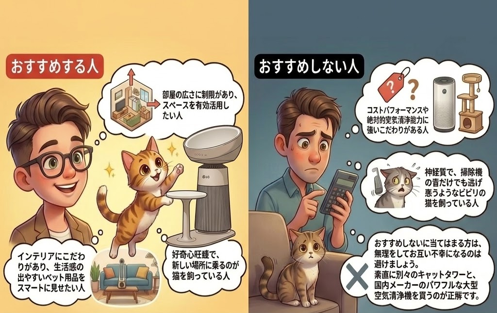 スマイルの男性と猫が左、彼の夢想バブルに家や空気清浄機、右は心配顔の男性と猫、テキスト「おすすめする人/おすすめしない人」。