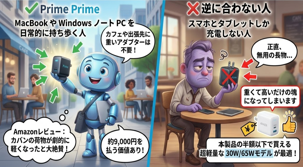 カフェのシーンで、左側はロボットがアダプターを持ち「カフェや出張先に重いアダプターは不要!」と言い、右側は男性が無表情でアダプターを見つめる。