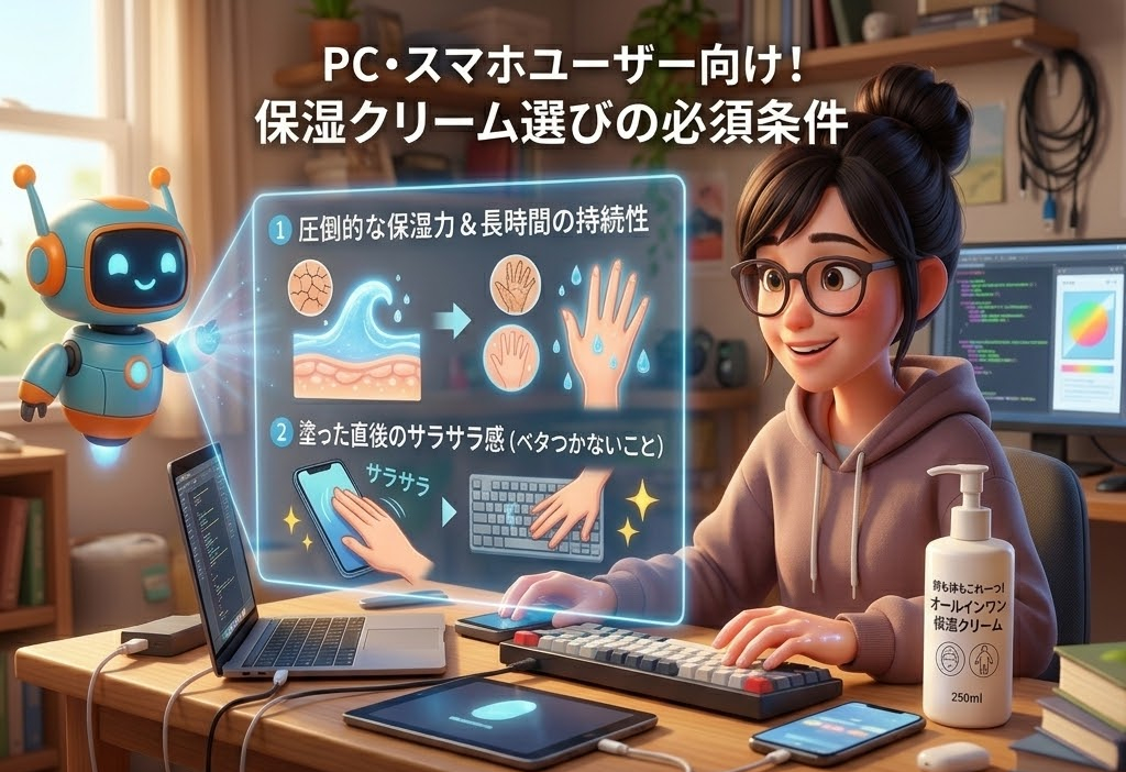 メガネの女性がPCで作業しながら保湿クリームを使う。部屋に漂う暖かい雰囲気。ロボットがスライドを投影。テキスト説明あり。