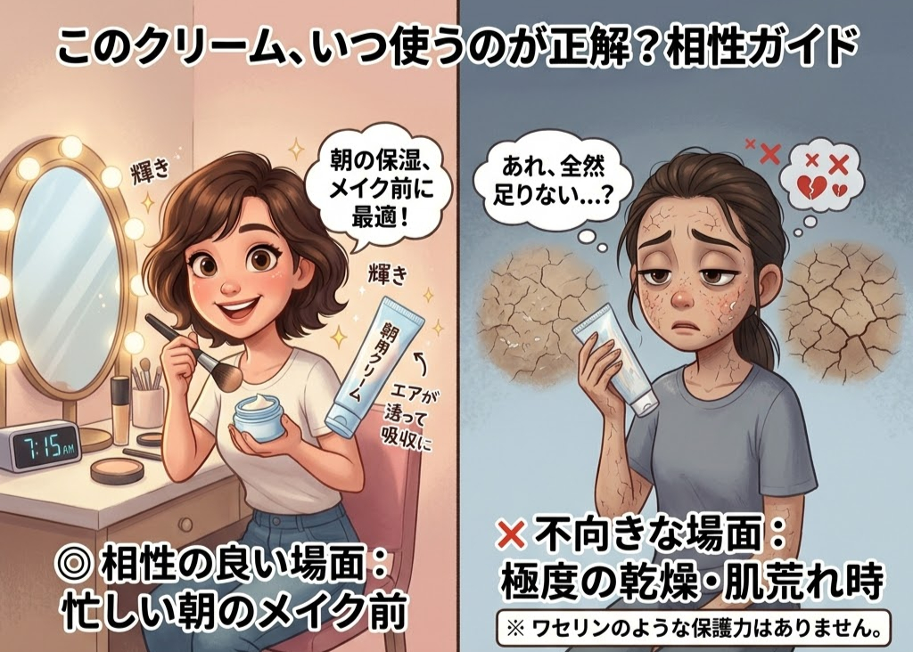 メイク前にクリームを使う女性の笑顔(左)と乾燥肌に悩む女性(右)。鏡と化粧品、ヒビ割れた背景。テキストは使用ガイド。