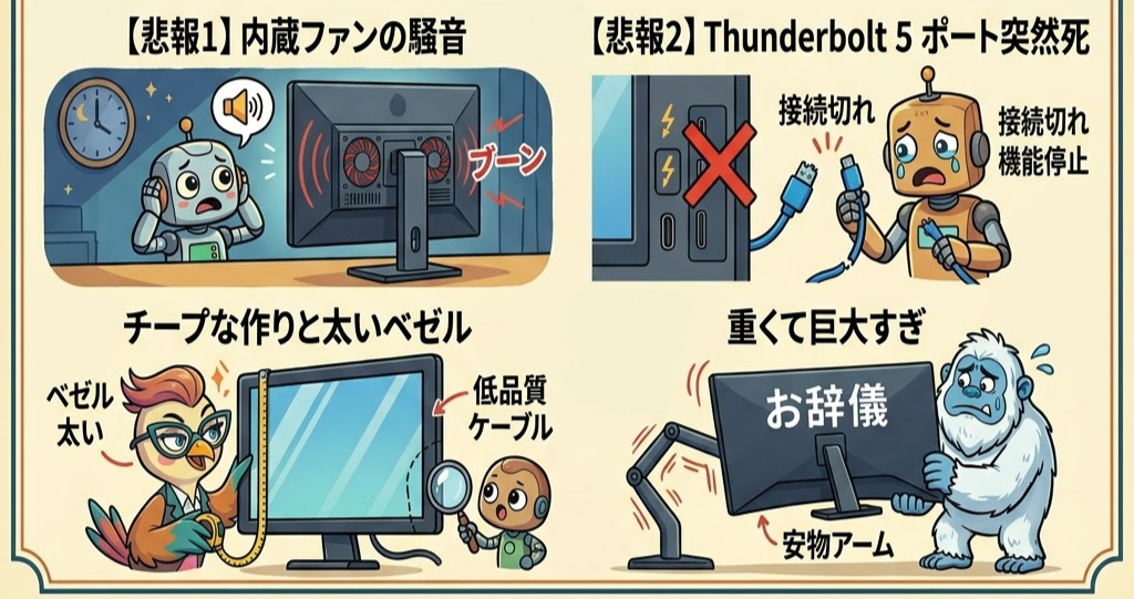 ロボットが内部ファンの騒音に驚く。鳥が太いベゼルを測り、小さなキャラクターが低品質ケーブルを調査。山男が重いモニターに苦戦。