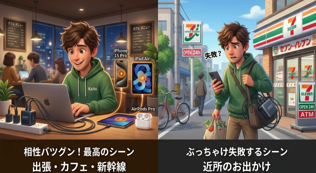 カフェでノートPCとガジェットを使って喜ぶ男性と、コンビニの前で失敗して驚く男性。同じ人がシーンごとに異なる感情を表現。
