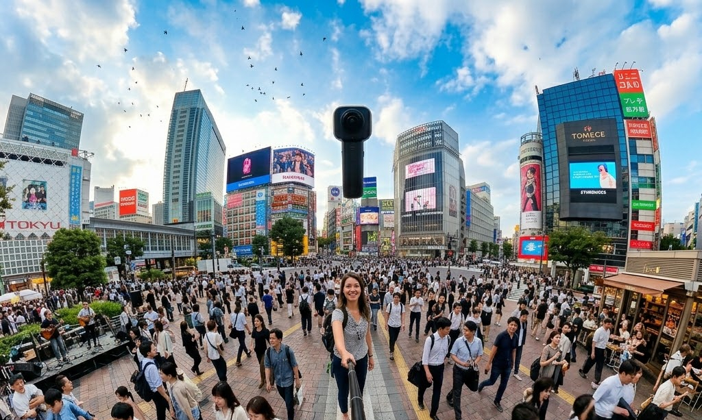 渋谷の交差点で、多くの人々が歩く中、女性が自撮りをしている。ビルの広告にはカラフルな映像が映り、空には鳥が飛んでいる。