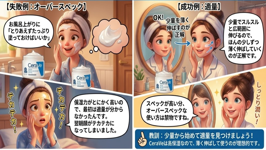 お風呂上がりの女性がクリームを多く塗った失敗例と少量塗った成功例。失敗はテカテカ顔、成功はしっとり。テキスト付き。