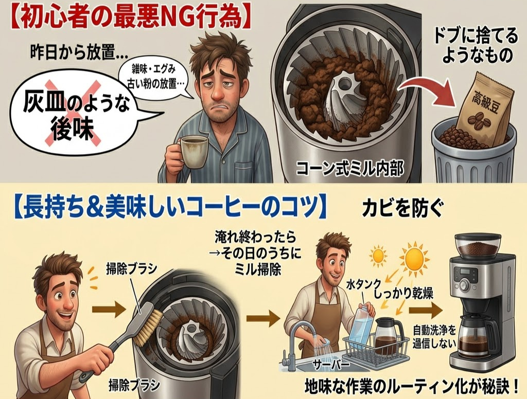 コーヒーの作り方を説明する漫画。落ち込んだ男性とコーヒー豆、ミル、掃除中の男性、楽しい表情。背景に手順のイラストとテキストあり。